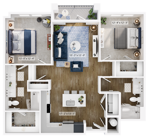 Floor plan for 2 beds, 2 baths, 1136 sqft